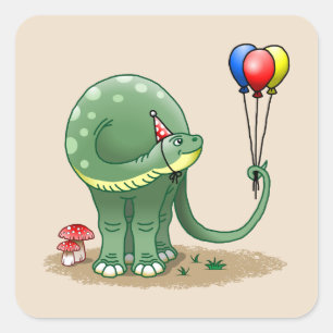 Sticker Carré Anniversaire dinosaure tenant des ballons