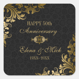 Sticker Carré Anniversaire d'or - Damassé noir Tourbillons dorés