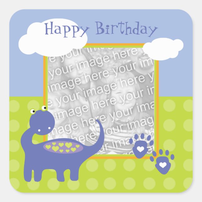 Sticker Carré Anniversaire du dinosaure violet avec points Photo (Devant)