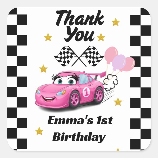Sticker Carré Anniversaire d'une fille de voiture de course (Devant)