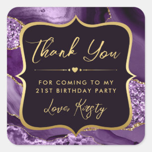 Sticker Carré Anniversaire Élégant Agate Violet et Doré
