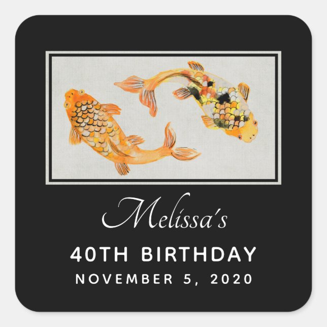 Sticker Carré Anniversaire élégant de Gold Koi Poisson (Devant)