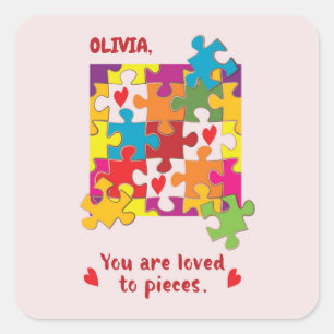 Sticker Carré Anniversaire Fille Puzzle Amour aux pièces