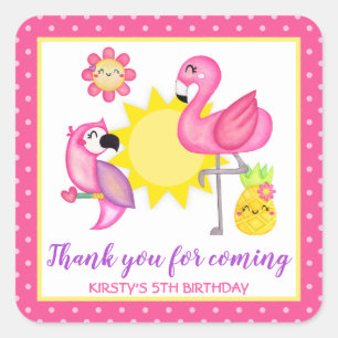 Sticker Carré Anniversaire Flamant Rose et Perroquet Tropical d'