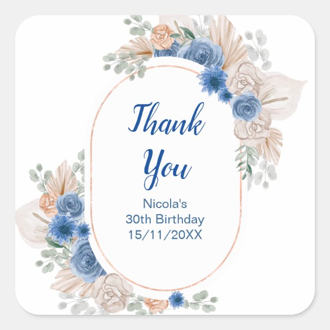 Sticker Carré Anniversaire Herbe de Pampas Bleue Boho (Devant)