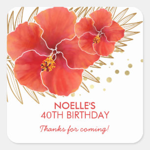 Sticker Carré Anniversaire Merci, Hibiscus rouge tropical et feu