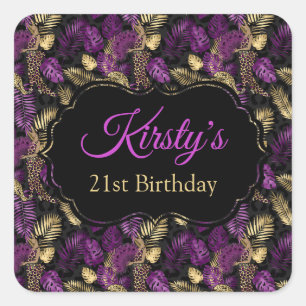 Sticker Carré Anniversaire Or Violet Feuilles de Palmier Safari 