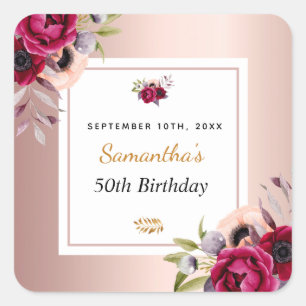 Sticker Carré Anniversaire rose or bordeaux fleuri élégant carré