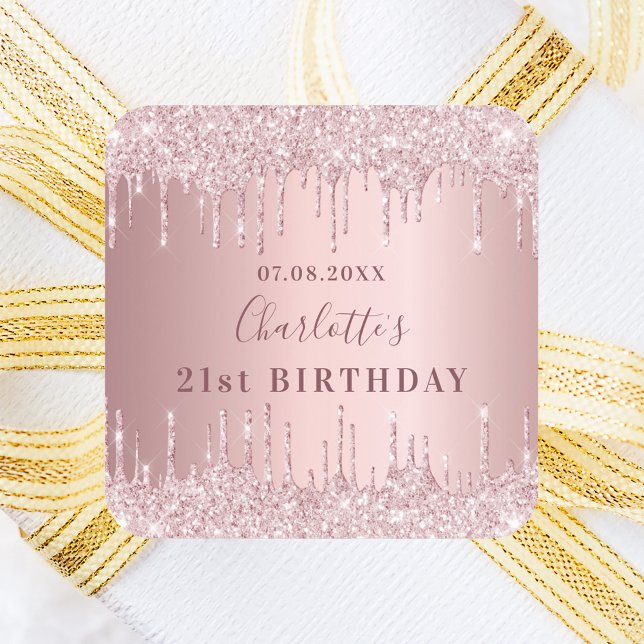 Sticker Carré Anniversaire rose pâle rose parties scintillant mo (Créateur téléchargé)