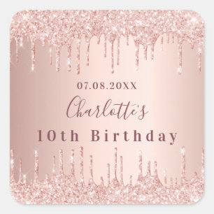 Sticker Carré Anniversaire rose parties scintillant or goutte ro