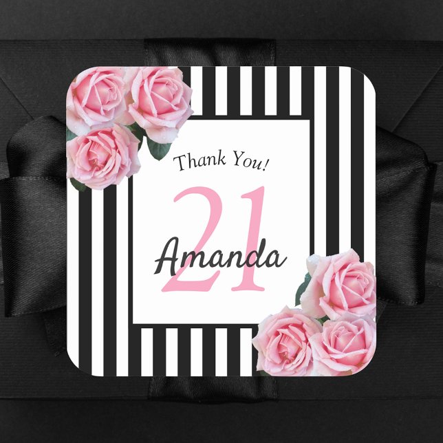 Sticker Carré Anniversaire rose roses rayures noires merci (Créateur téléchargé)
