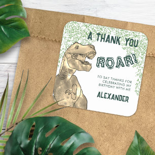 Sticker Carré Anniversaire Rugissement de Dinosaure T-Rex Merci