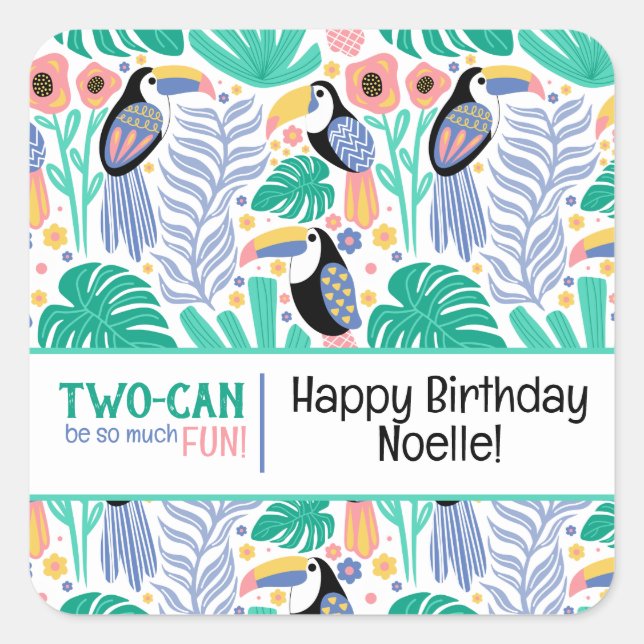 Sticker Carré Anniversaire Tropical à deux CAN (Toucan) (Devant)