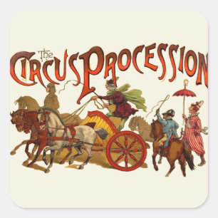 Sticker Carré Antique Cirque Parade Clowns Chevaux