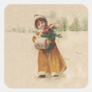 Sticker Carré Antique Fille de Noël Enfant d'hiver