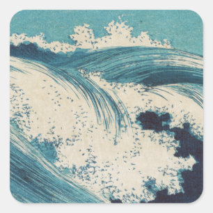 Sticker Carré Antique Japonais Bleu Vagues Océan Imprimer