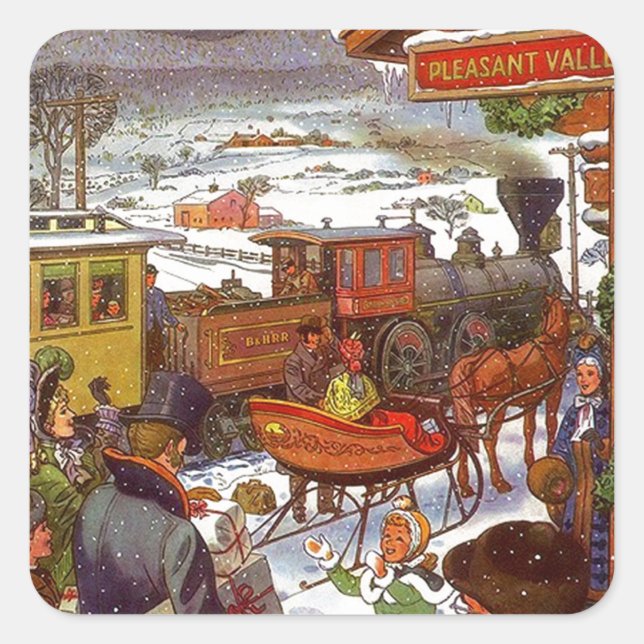 Sticker Carré Antique Vallée de Noël Vacances en train (Devant)