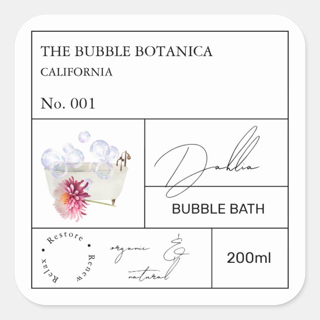 Sticker Carré Apothecary Dahlia Bubble Bath Label (Devant)