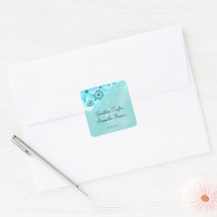 Sticker Carré Aqua Bleu Fleur Économisez La Date Favoriser Stick