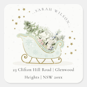 Sticker Carré Aqua Blue Gold Winter Sleigh Adresse de Noël