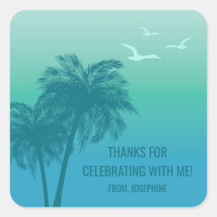 Sticker Carré Aqua Blue Palmiers Tropicaux Anniversaire Merci