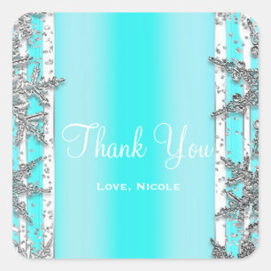 Sticker Carré Aqua Blue & Silver Winter Snowflakes Élégante fête