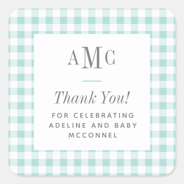 Sticker Carré Aqua et Gingham Blanc Monogrammer Merci (Devant)