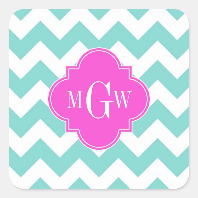 Sticker Carré Aqua White Chevron Hot Pink Quatrefoil 3 monogram (Devant)