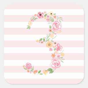 Sticker Carré Aquarelle 3e anniversaire Floral TROIS