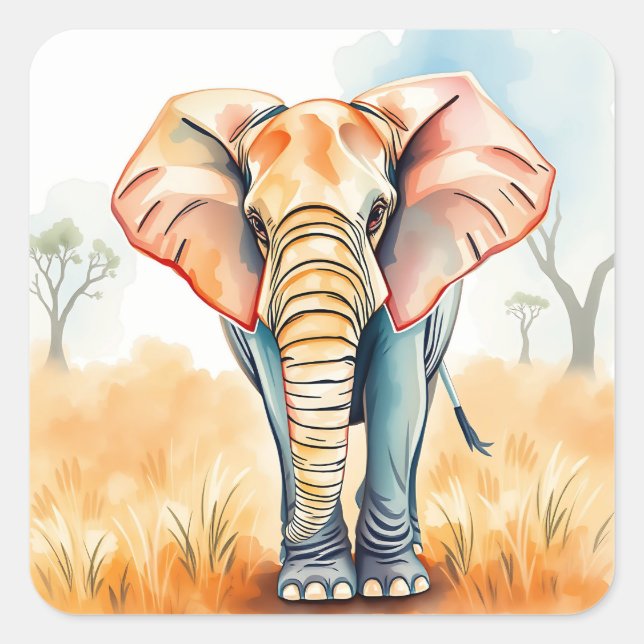 Sticker Carré Aquarelle adorable Eléphant (Devant)
