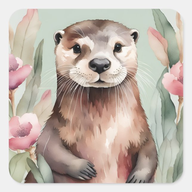 Sticker Carré Aquarelle adorable Otter (Devant)