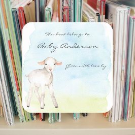 Sticker Carré Aquarelle Agneau de ferme baby shower animal plaqu