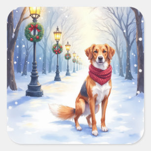 Sticker Carré Aquarelle American Foxhound Lampadaire enneigé