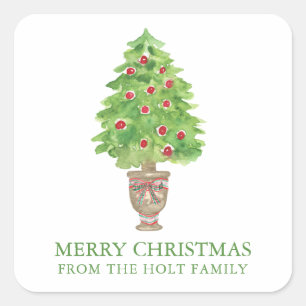 Sticker Carré Aquarelle Arbre de Noël Cadeau Topiaire