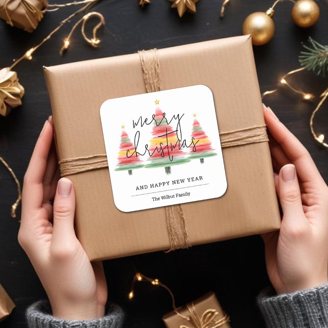 Sticker Carré Aquarelle Arbres de Noël (Merry Christmas Watercolor Christmas Trees Square 3" Stickers)