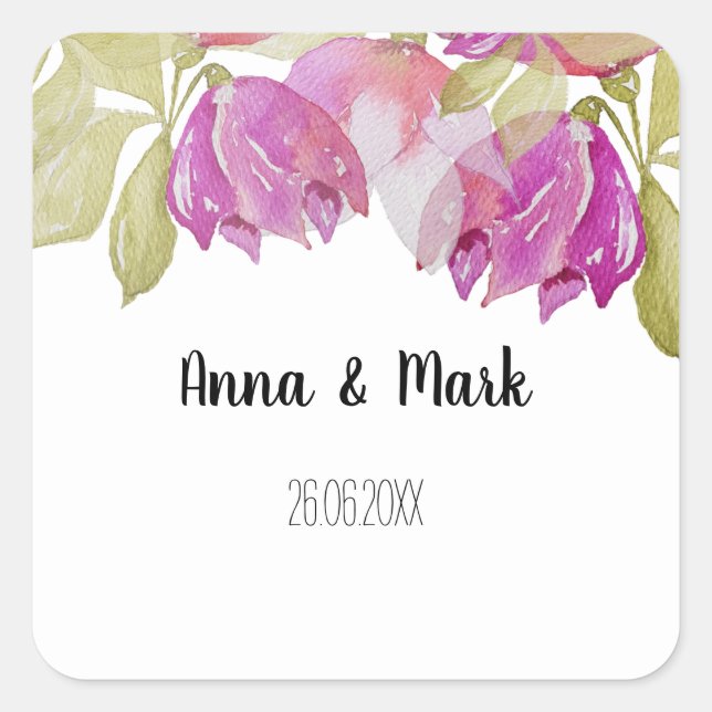 Sticker Carré Aquarelle Art rose Fleurs Monogrammes (Devant)