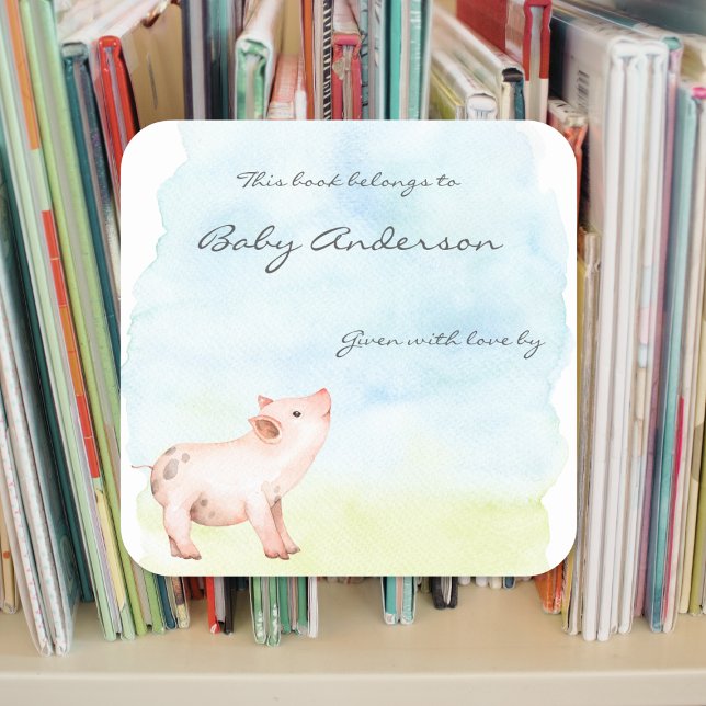 Sticker Carré Aquarelle baby shower bébé porc (Créateur téléchargé)