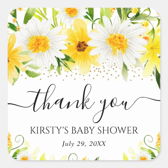 Sticker Carré Aquarelle Baby shower de marguerites et de fleurs  (Devant)