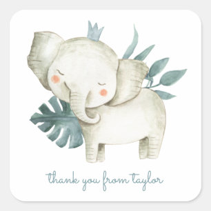 Sticker Carré Aquarelle Bébé Eléphant Prince Merci tropical