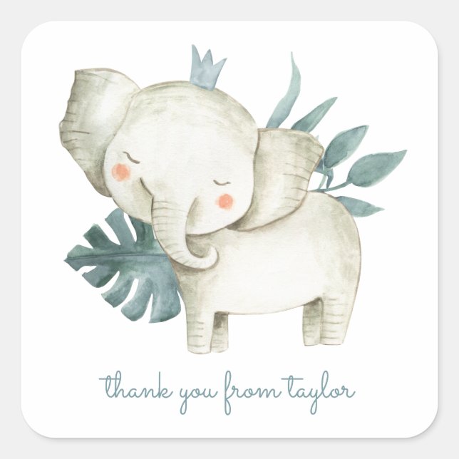 Sticker Carré Aquarelle Bébé Eléphant Prince Merci tropical (Devant)