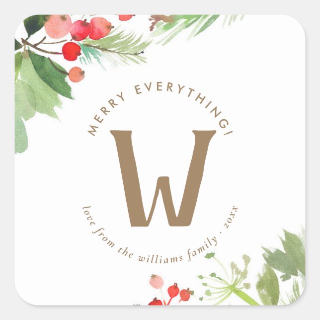 Sticker Carré Aquarelle Berries d'hiver et verdure (Devant)