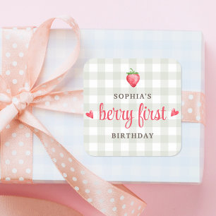 Sticker Carré Aquarelle Berry fraise Premier anniversaire