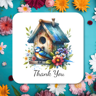 Sticker Carré Aquarelle Birdhouse et Merci d'oiseaux