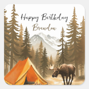 Sticker Carré Aquarelle Blanc Rustique Bois Camping Anniversaire