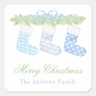 Sticker Carré Aquarelle Bleu & Blanc Noël Stockage Cadeau
