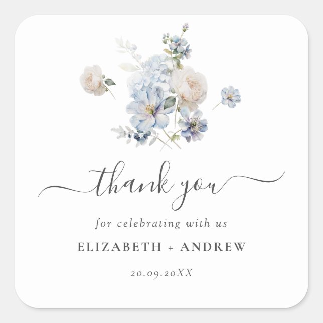 Sticker Carré Aquarelle bleu-doré moderne Mariage floral (Devant)