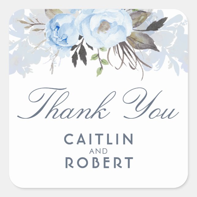 Sticker Carré Aquarelle bleu foncé Fleurs Merci élégant (Devant)