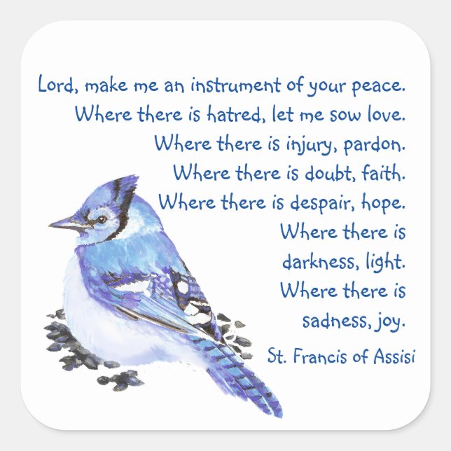 Sticker Carré Aquarelle Bleu Jay Oiseau Saint François Prière (Devant)