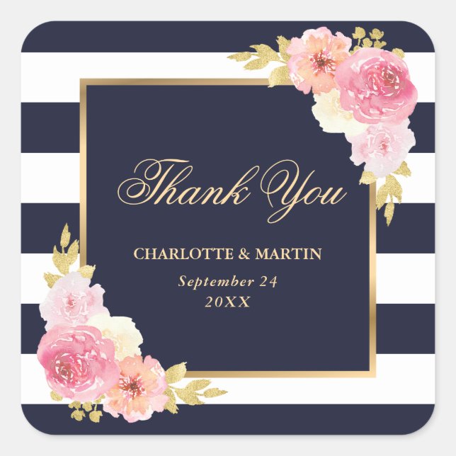 Sticker Carré Aquarelle bleu marine rose Mariage Merci (Devant)