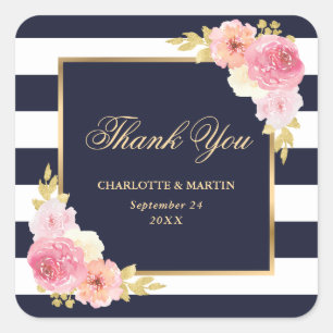 Sticker Carré Aquarelle bleu marine rose Mariage Merci